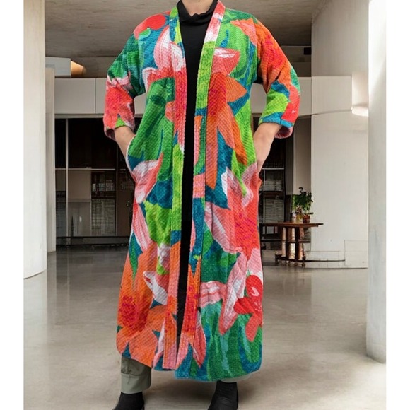 Vintage‎ 60s 70s Vibrant Printed Tropical Floral Long Kimono Robe Duster Cotton